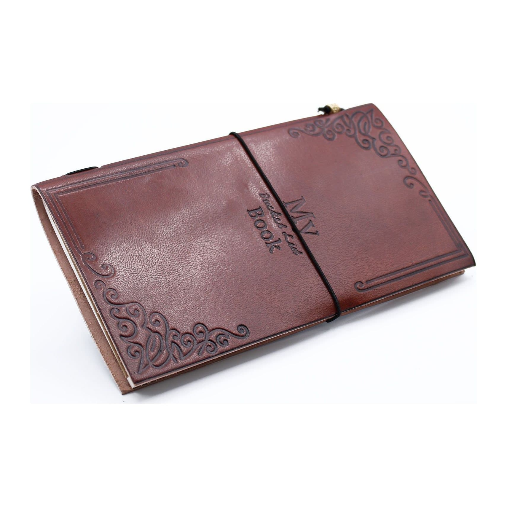 Brown leather journal embossed with My Bucket List Book