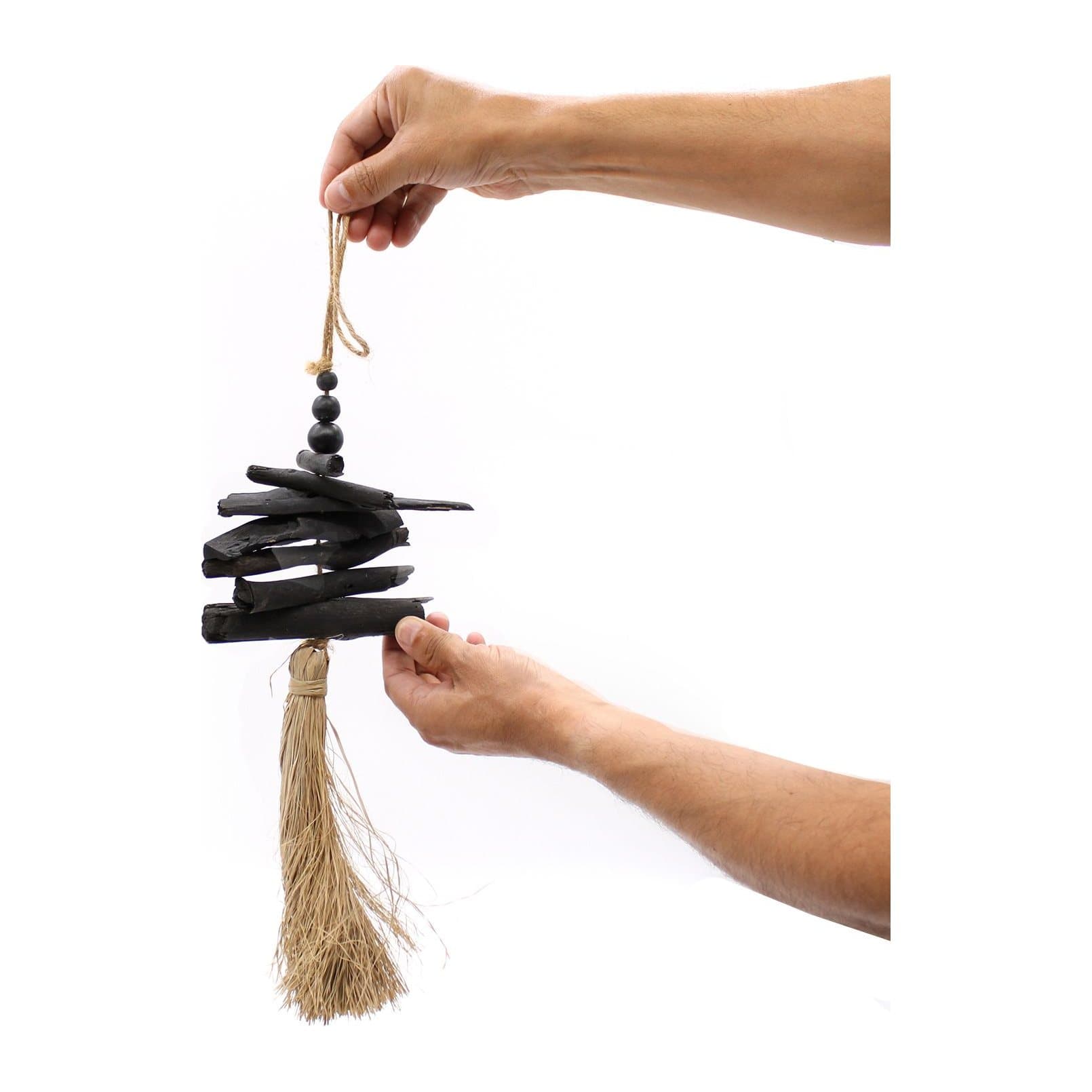 Hanging tassel of driftwood, pinewood beads and raffia