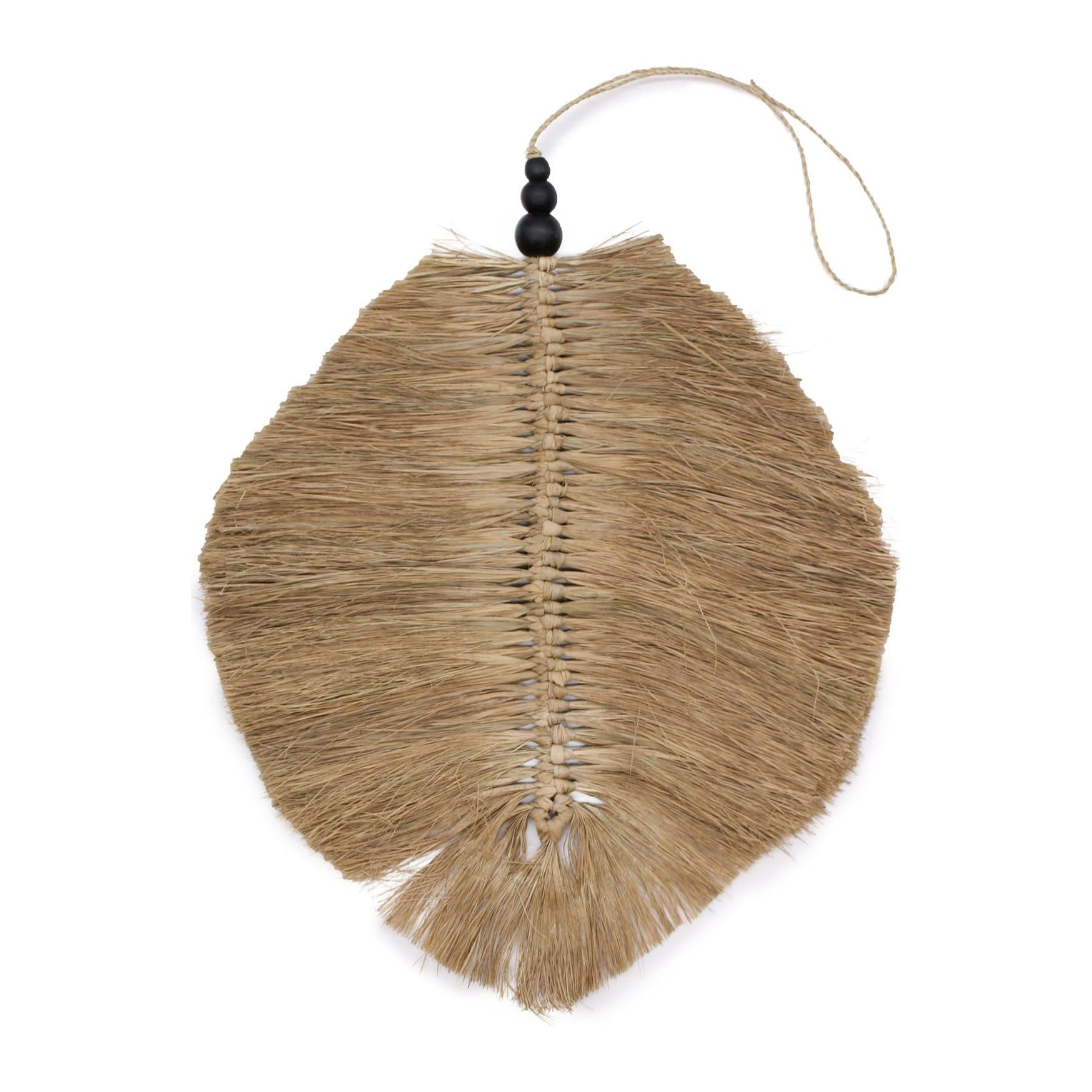 Hanging raffa leaf wall art with pinewood beads