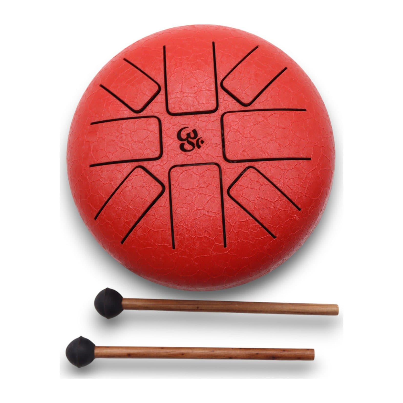 Red steel tongue drum with an engraved Om symbol