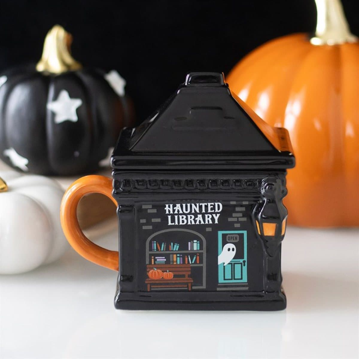 Haunted Library ghost lidded mug