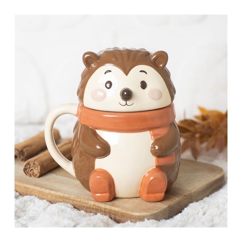 Ceramic hedgehog-shaped mug with a matching lid