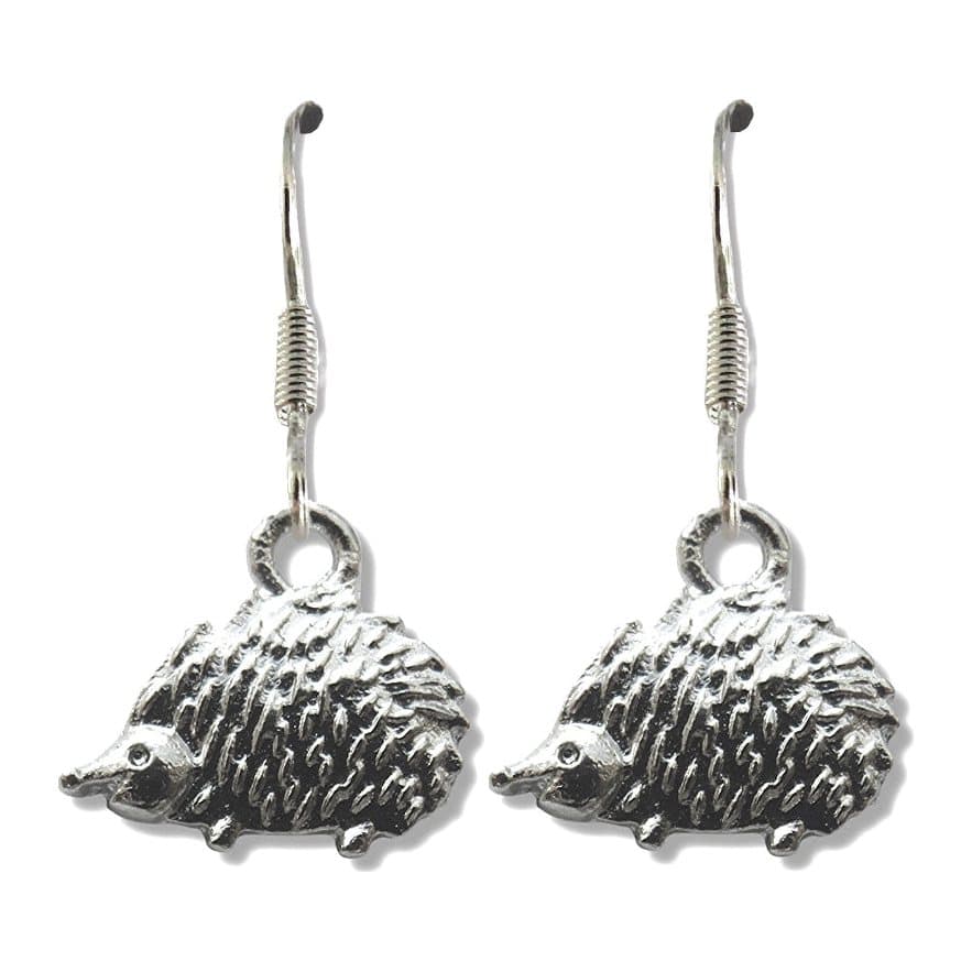 Silver plated hedgehog drop earrings with a hedgehog charm