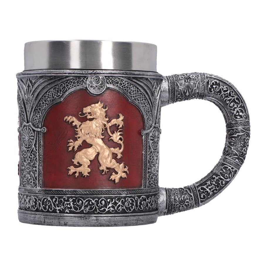 Resin medieval tankard with a red and gold heraldic lion crest and dark silver accents