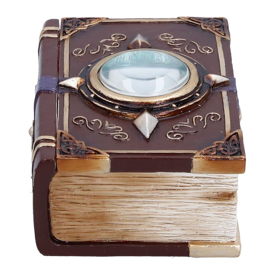 Fantasy trinket box styled as an aged book with a purple buckle and blue eye