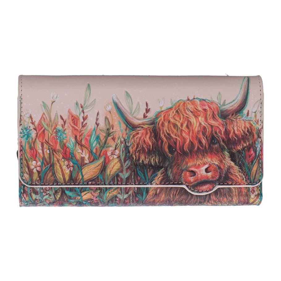 Leather purse embossed with a Highland cow and flower motifs