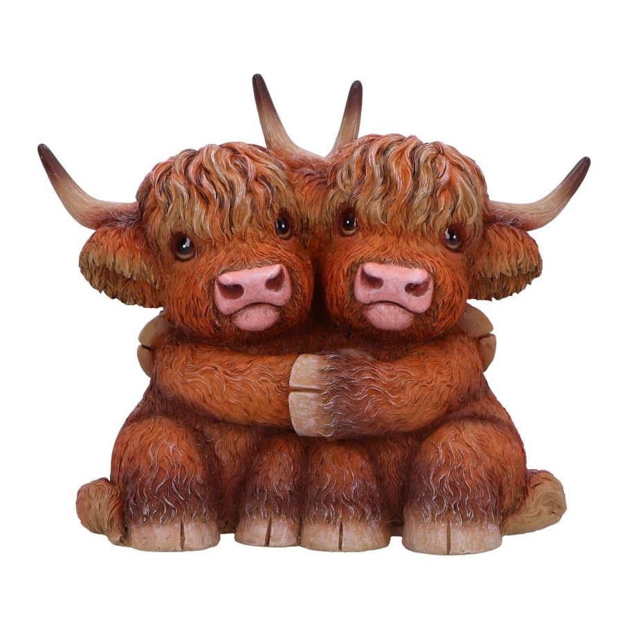 Two Highland cows in a hug, hand-painted resin figurine