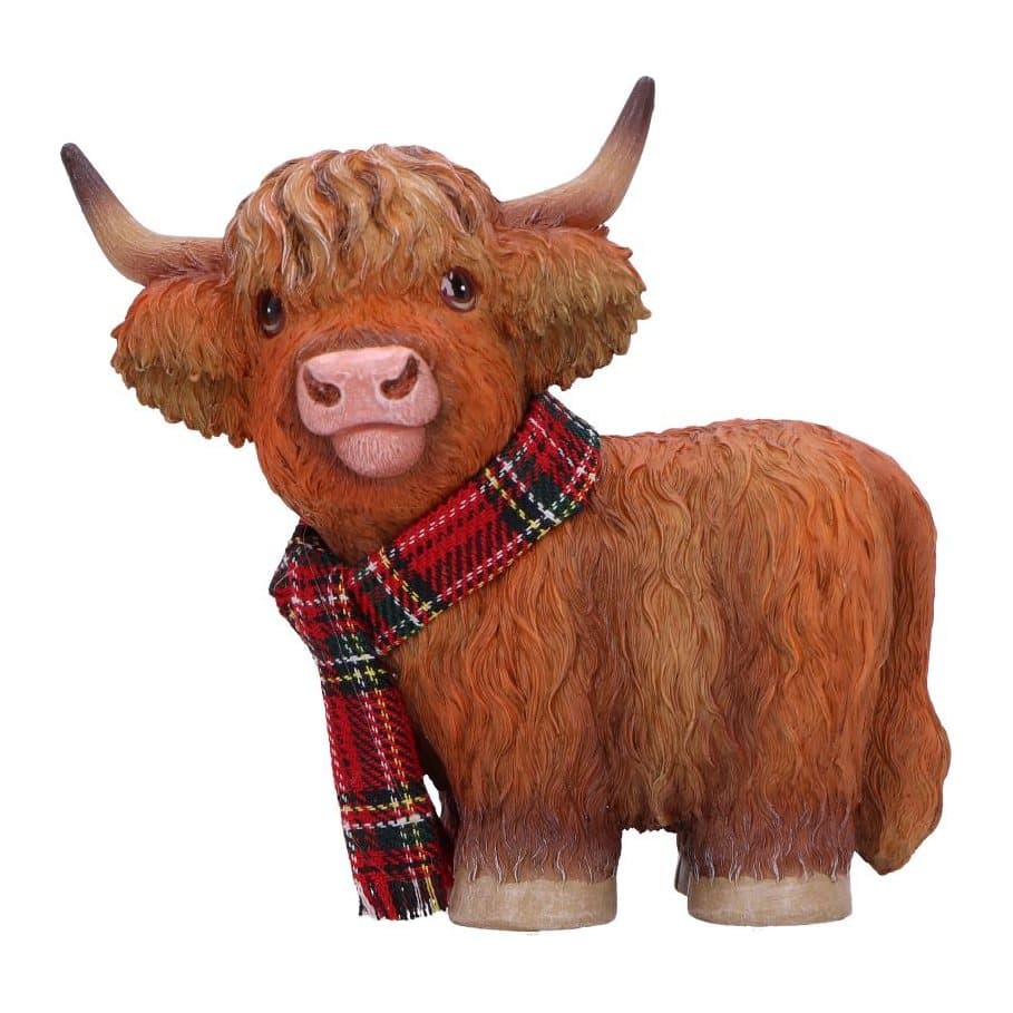 Highland cow figurine wrapped in a Scottish scarf