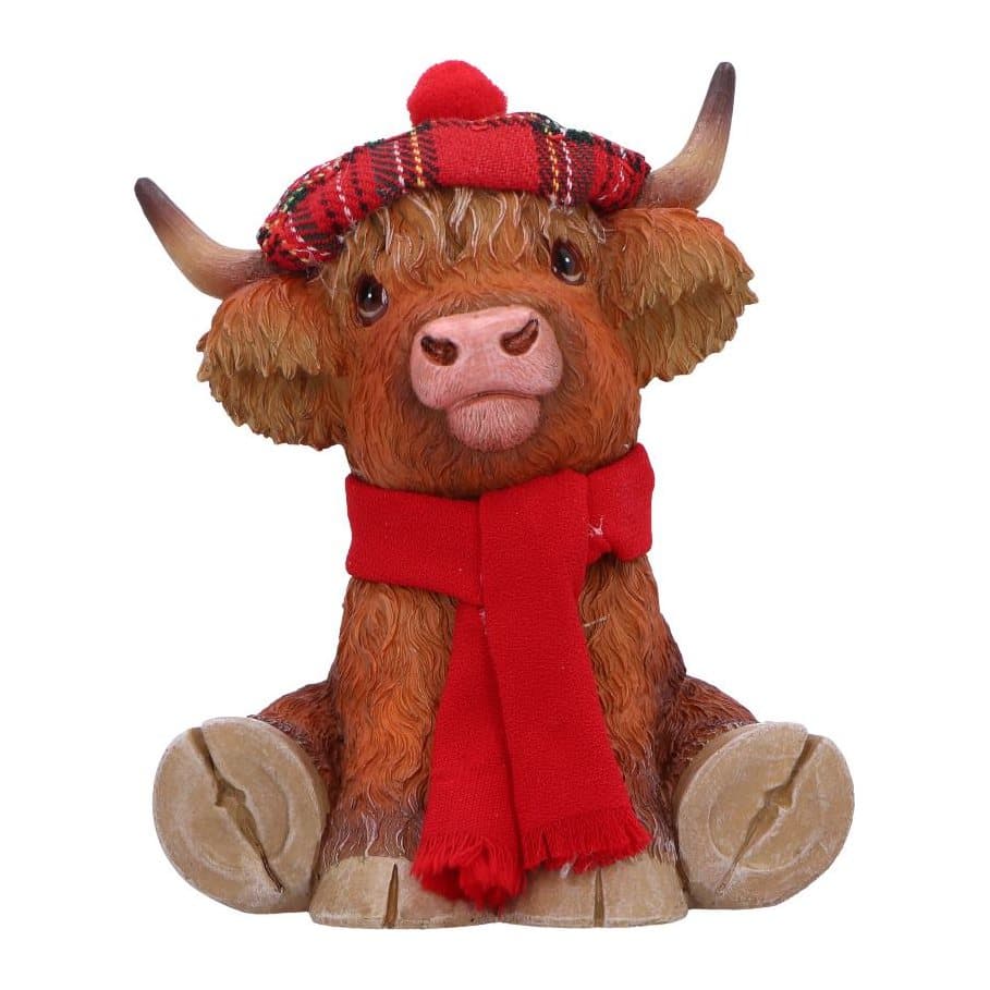 Seated highland cow figurine in a red scarf and tartan bonnet