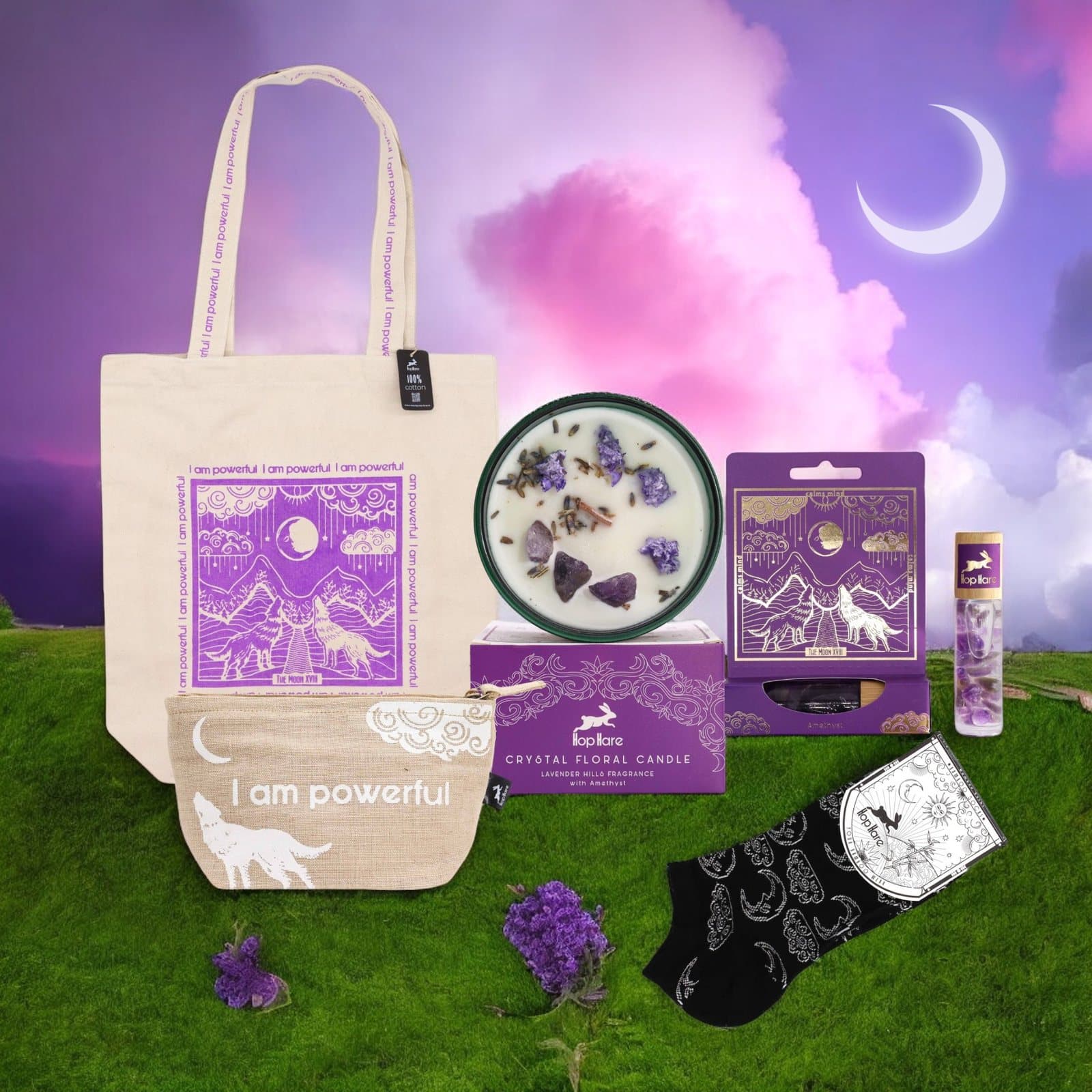 Hop Hare Mystic Essentials bundle with candle, tarot tote bag, pouch, roll-on and socks