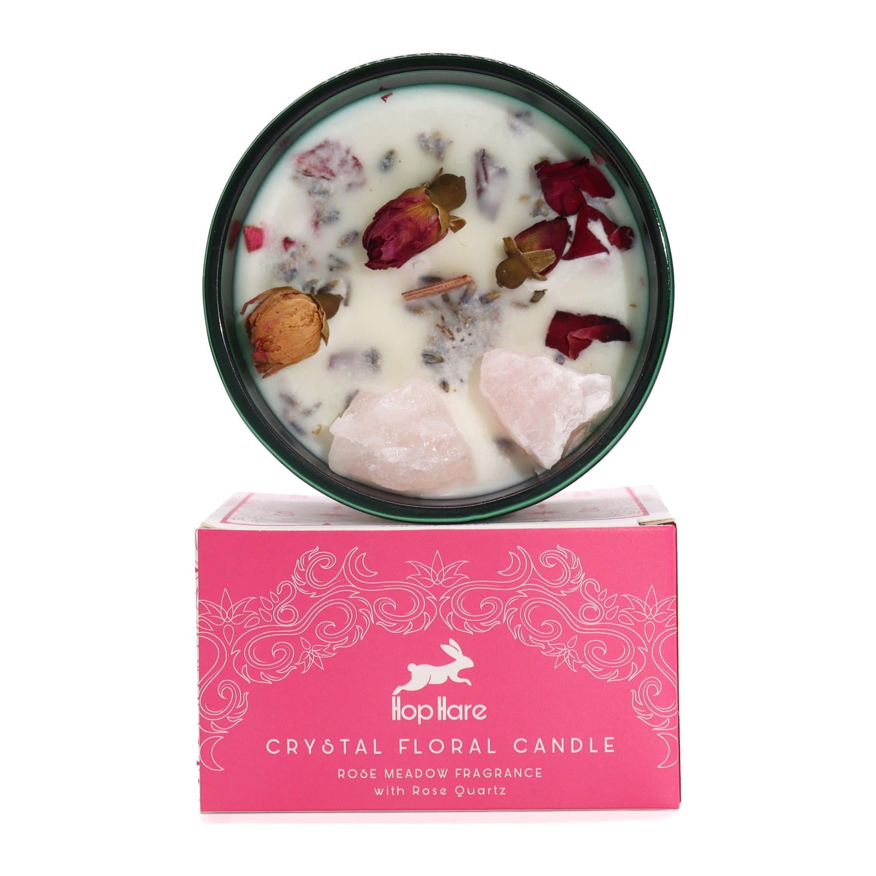 Soy candle topped with crystals and dried flowers