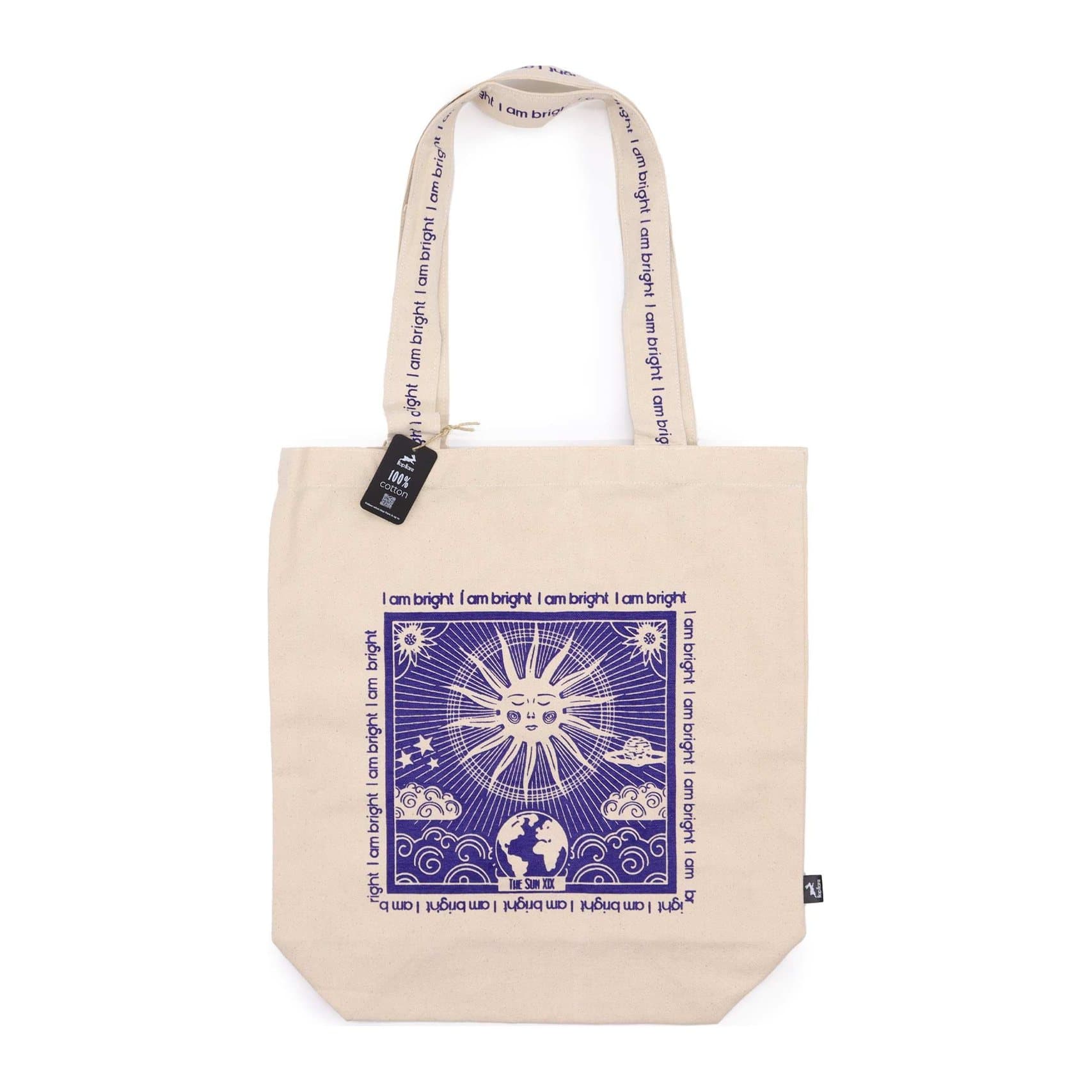 Cotton canvas tarot tote bag with the I am Bright affirmation