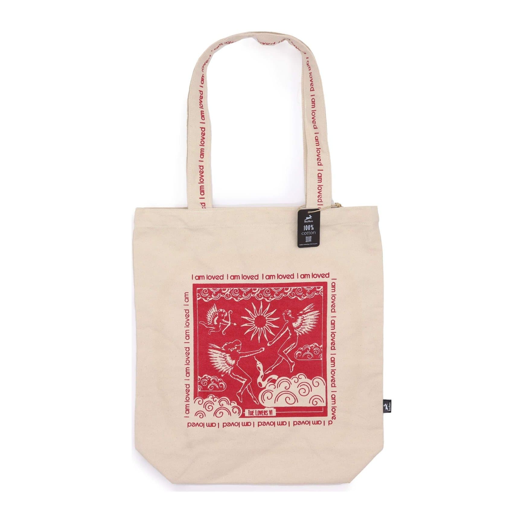 Cotton canvas tote bag with The Lovers tarot card and I am Loved