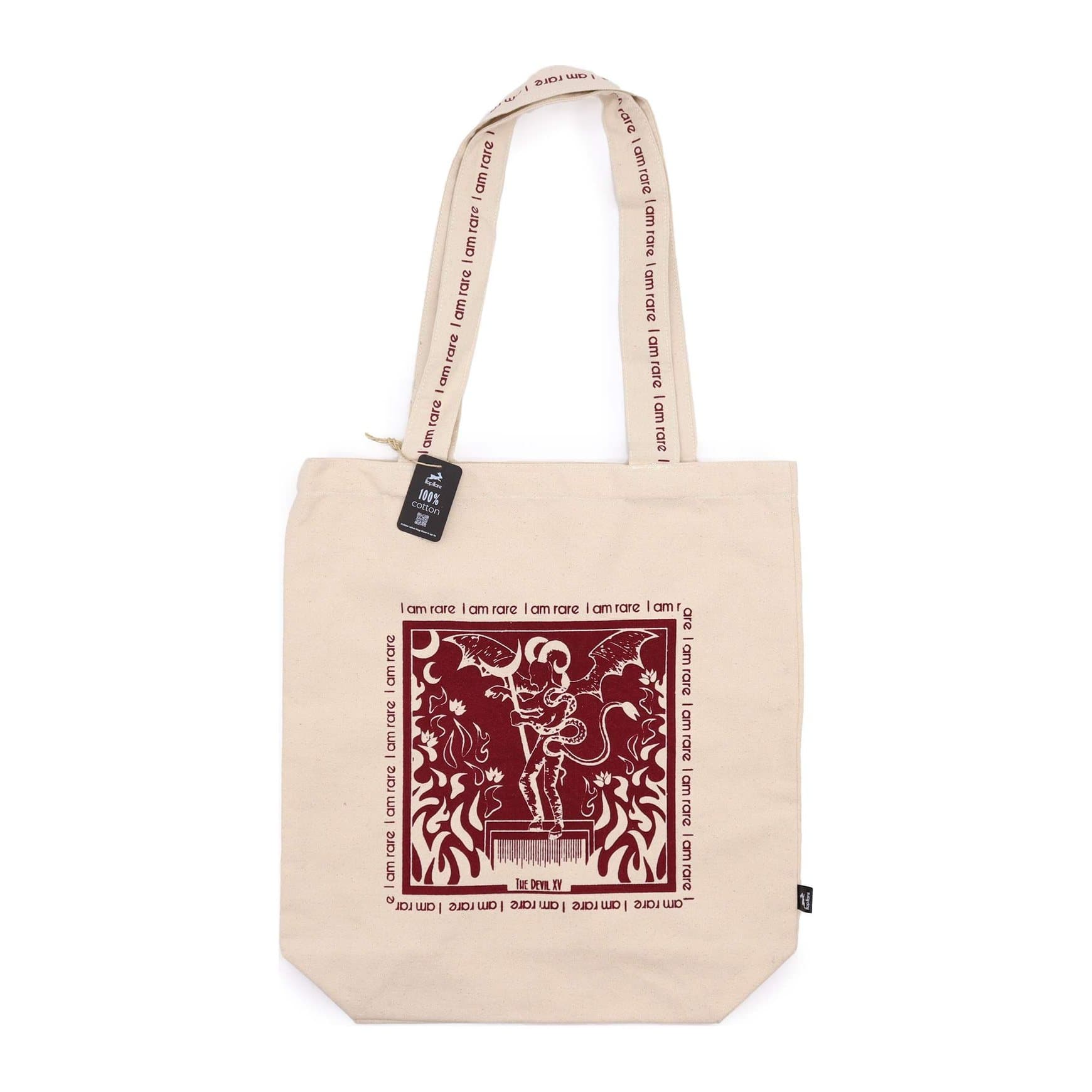 Cotton canvas tote bag with The Devil tarot card and the words I am rare