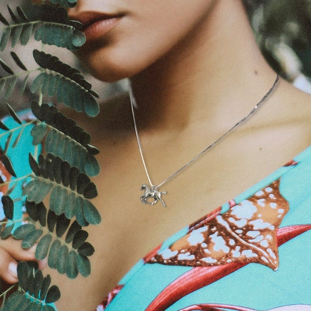 Horse charm silver necklace with a silver horseshoe charm