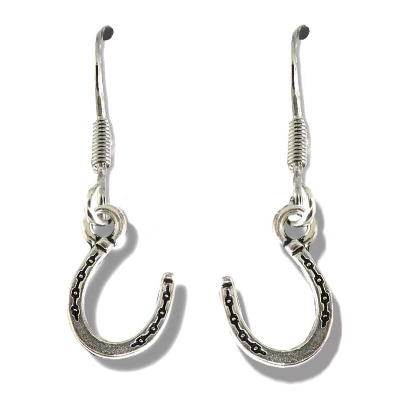Silver plated horseshoe drop earrings with a horseshoe charm and drop hooks.