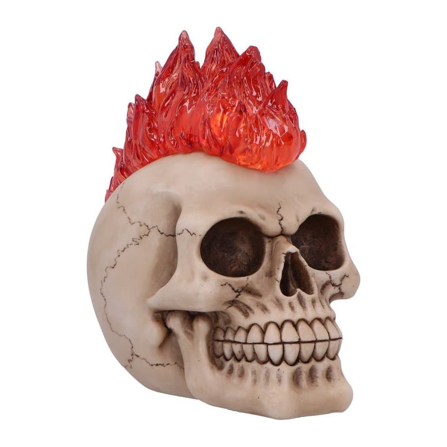 Resin skull figurine with a red flame mohawk and cracked bone-tone texture