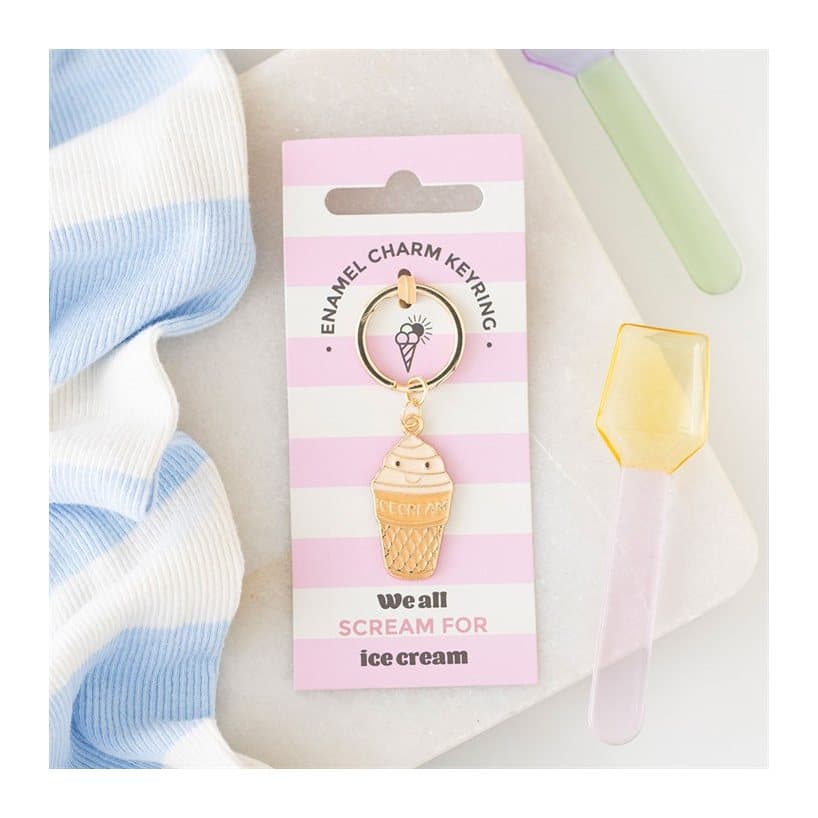 Pink enamel ice cream cone keyring on a cardboard backing card
