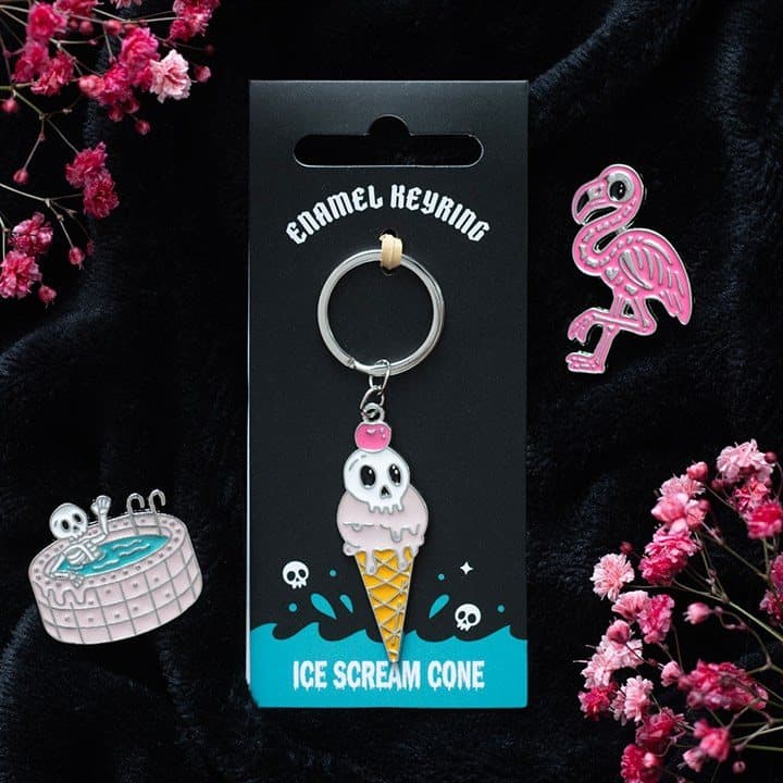 Ice Scream Cone enamel keyring with a skull-topped scoop design