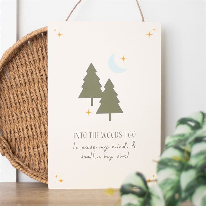 MDF hanging sign with a woodland scene and Into the Woods text