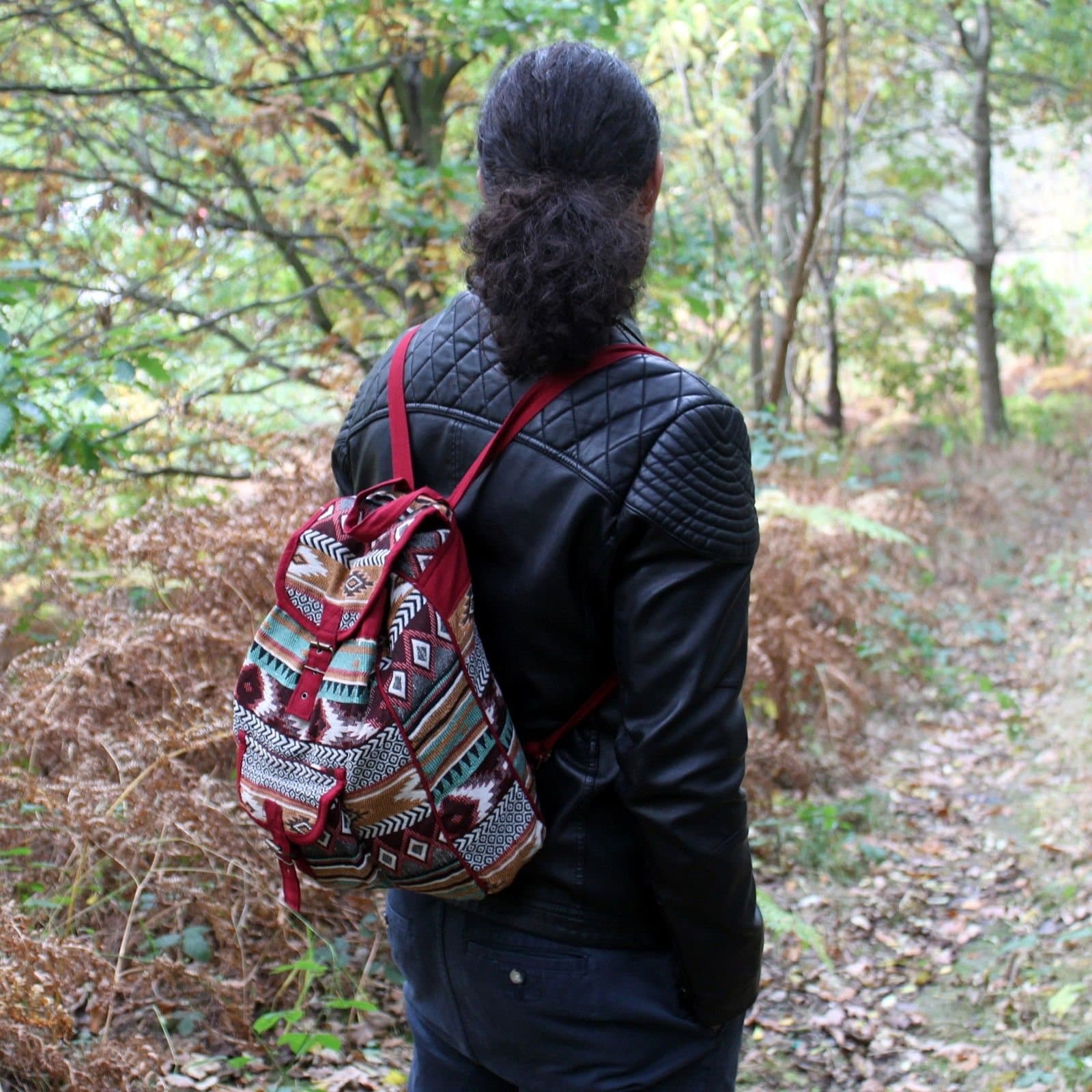 Chocolate jacquard backpack in ethnic jacquard fabric with zips and pockets