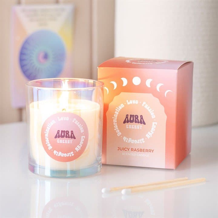 Raspberry candle in iridescent glass