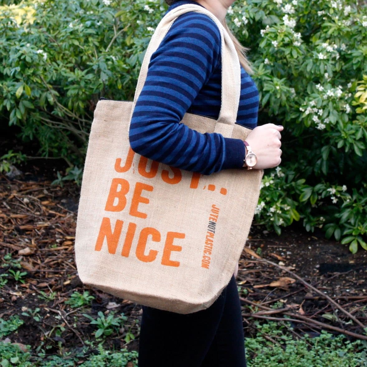 Just Be Nice jute shopping bag with cotton handles