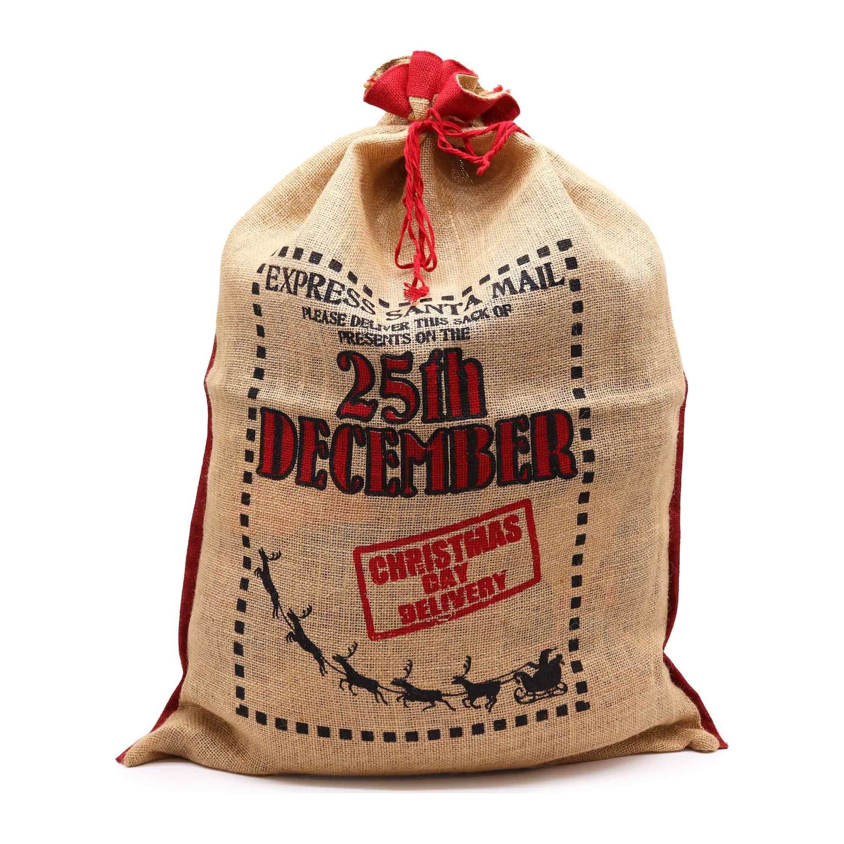 Jute Santa sack with a festive print