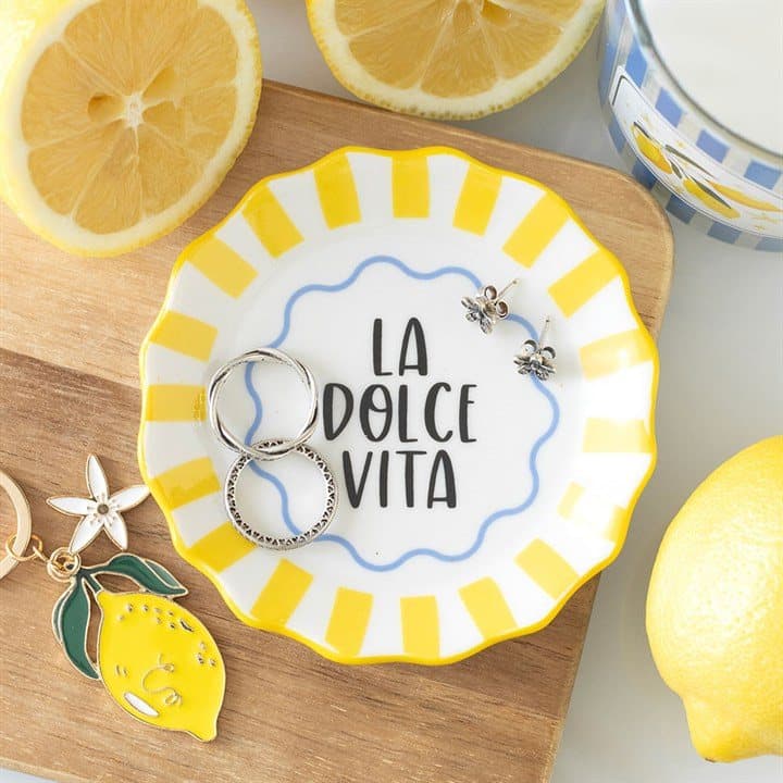 Yellow striped trinket dish with La Dolce Vita text