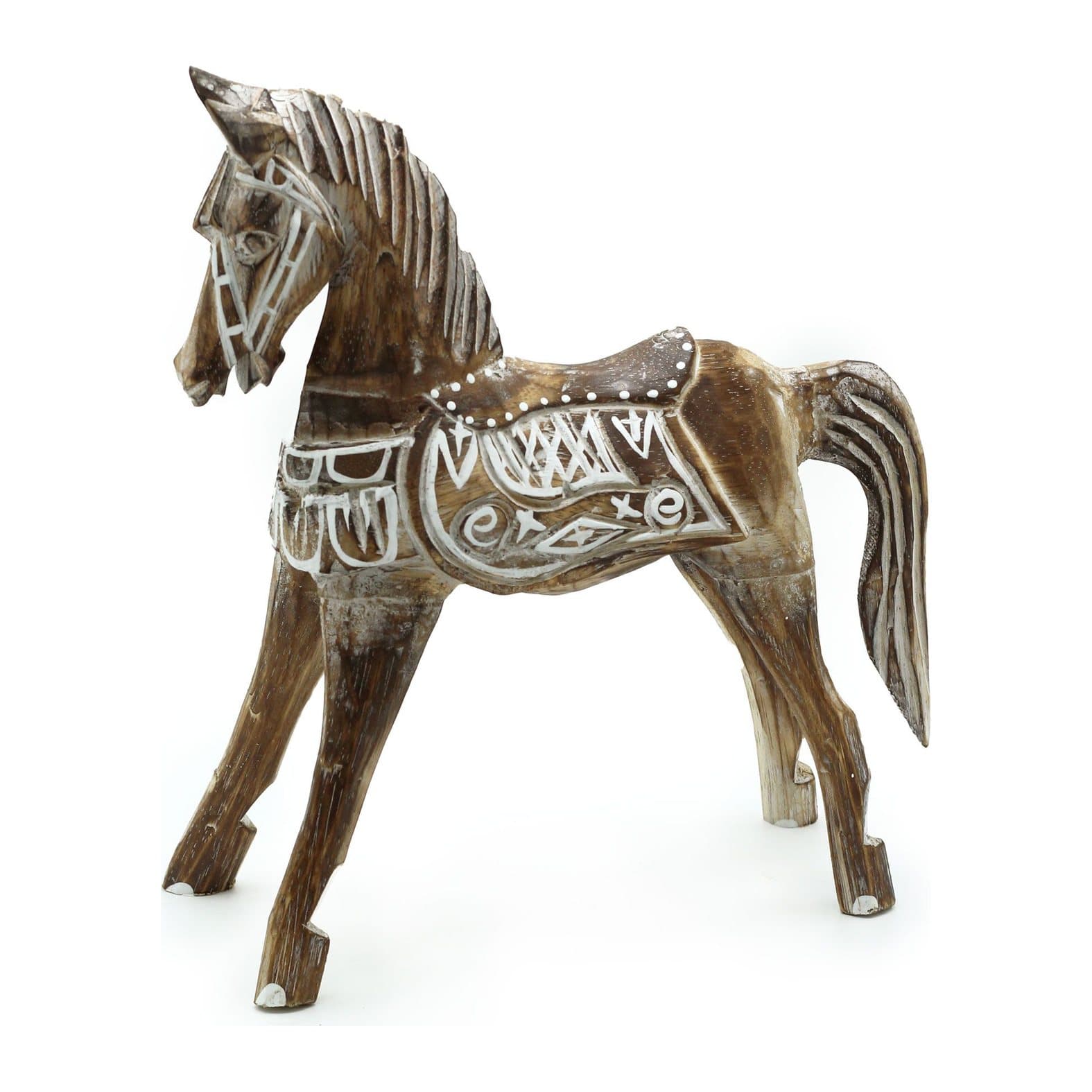 Carved wooden horse ornament in antique finish