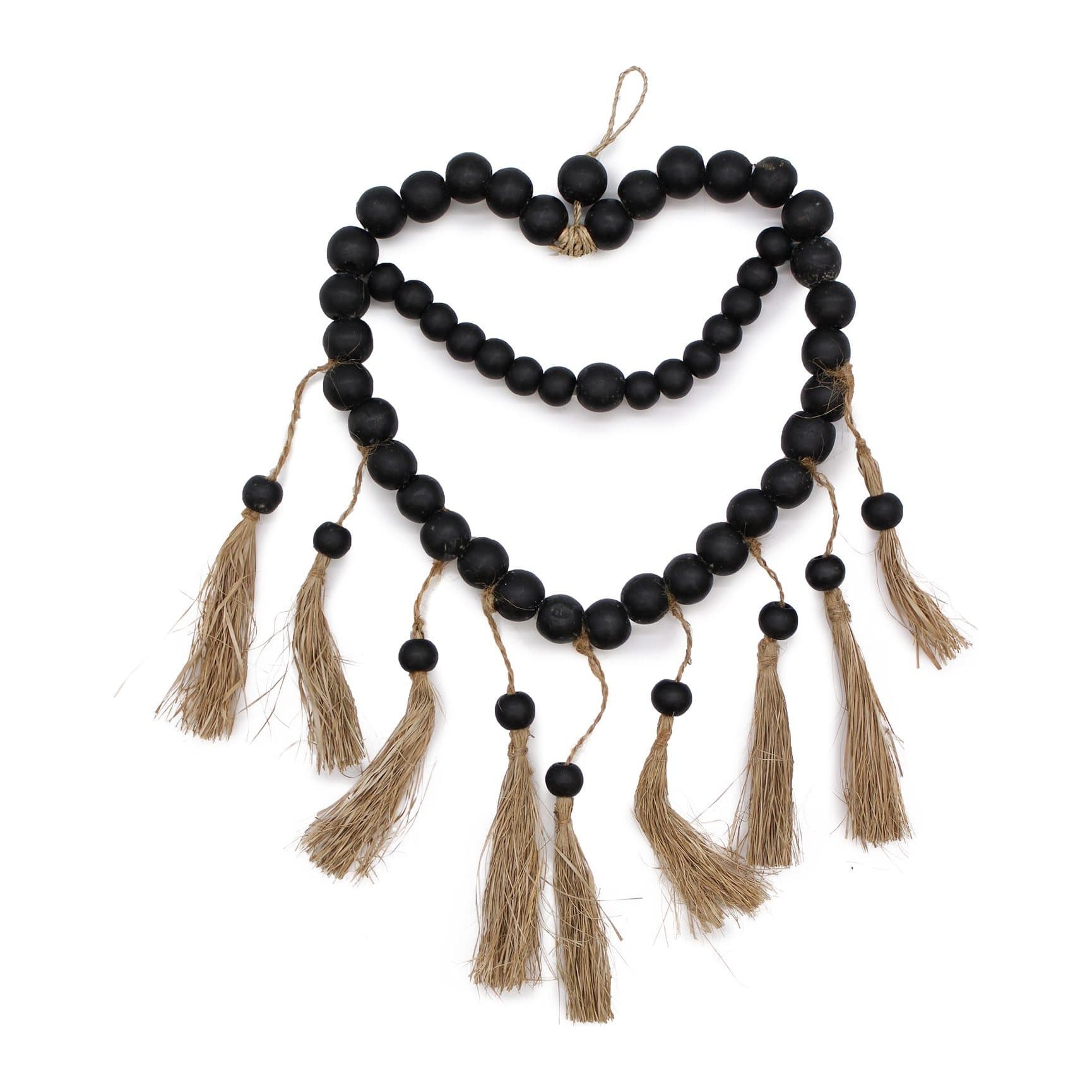 Large bead heart mobile made of pinewood beads and raffia