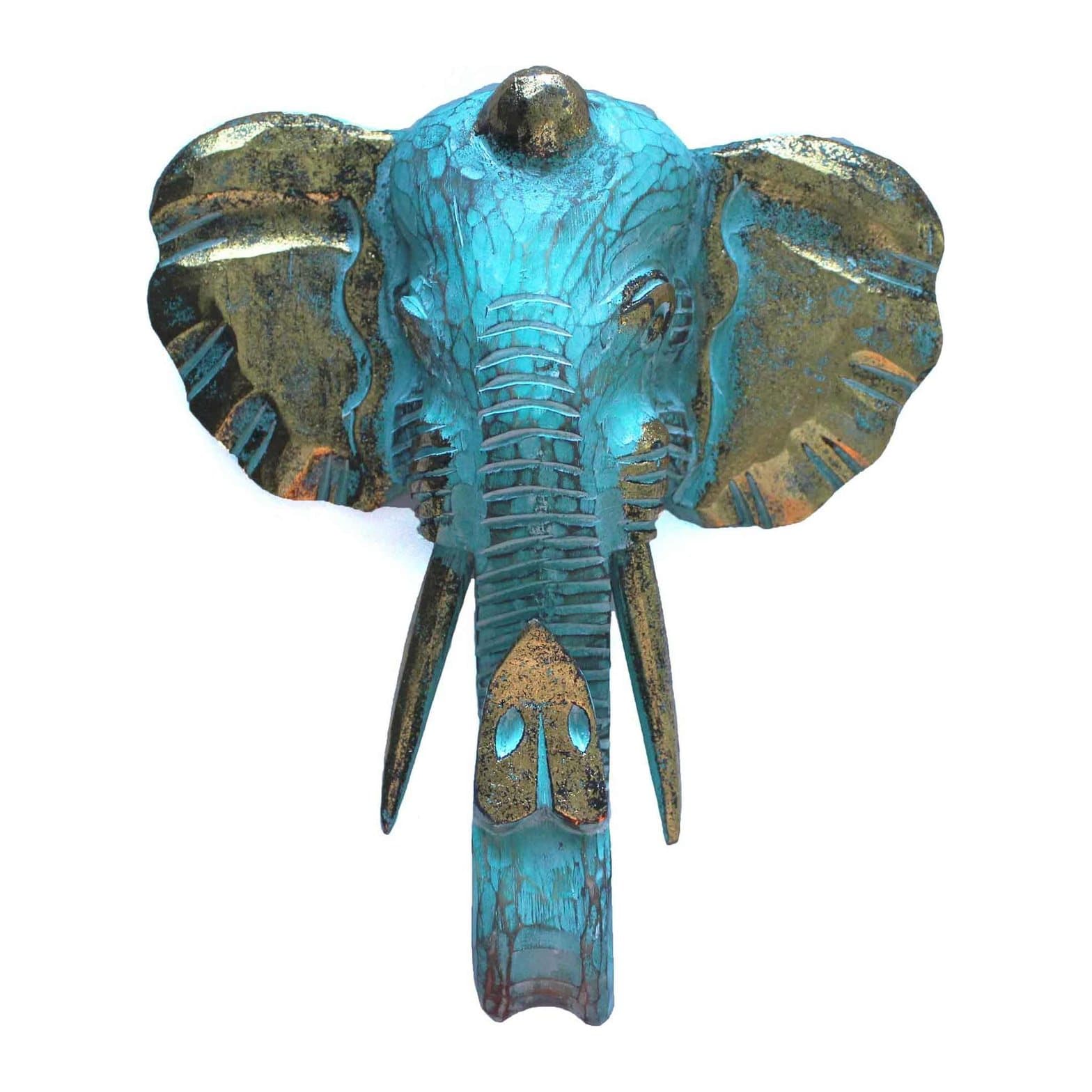 Large carved elephant head in gold with turquoise or grey