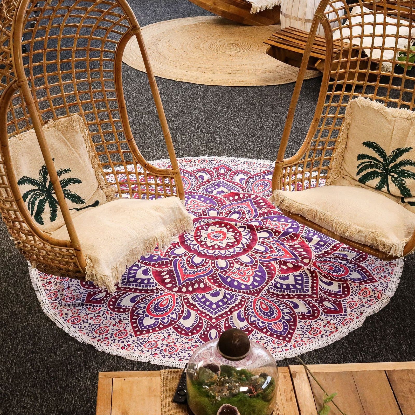 Large cotton mandala roundy with petal patterns and fringe edging