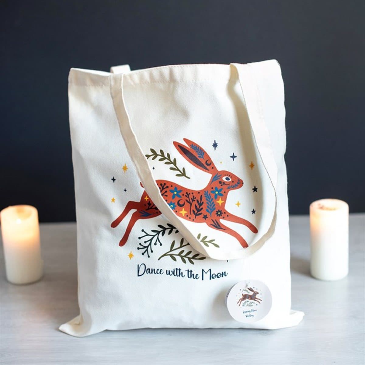 Leaping Hare tote bag with moonlit celestial artwork on natural-toned fabric