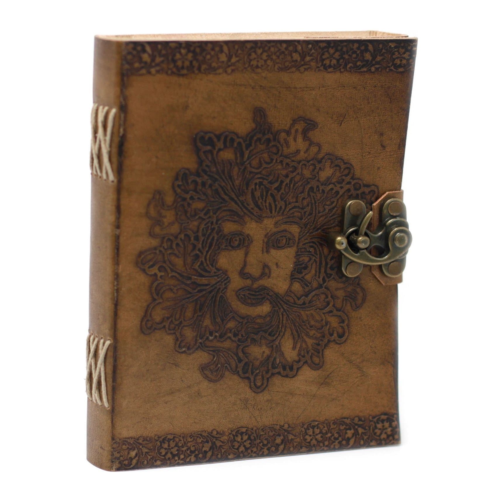 Leather Greenman notebook with buckles and metal clasps