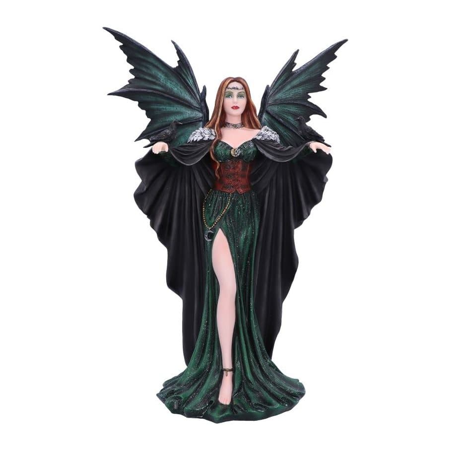 Green fairy statue in a corset with two ravens perched on her arms
