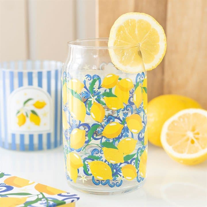 Can-shaped glass printed with lemons