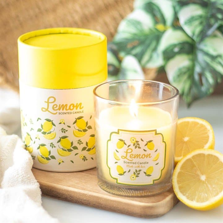 Lemon print glass candle with a wooden lid