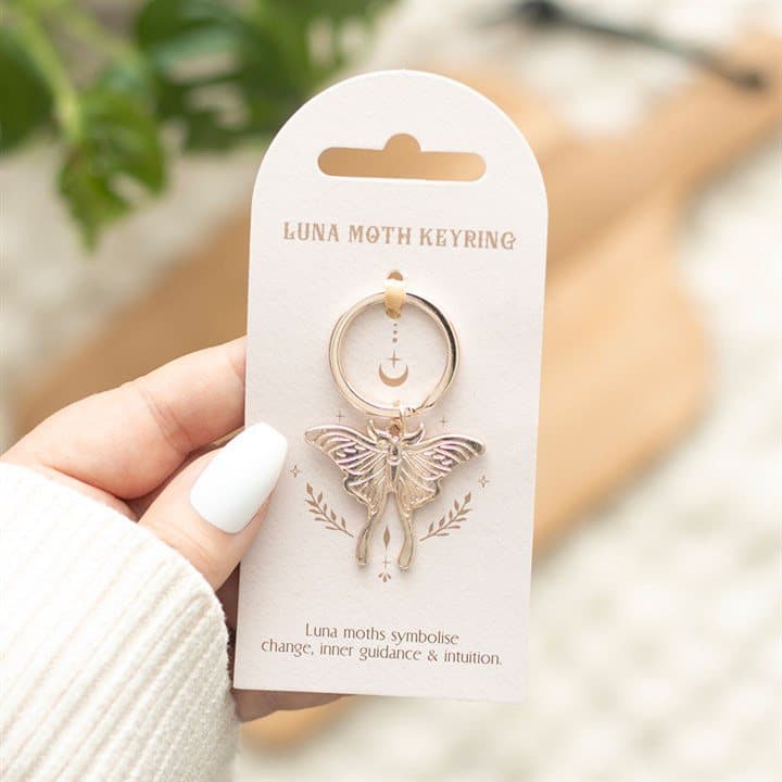 Luna moth metal keyring on a matching backing card