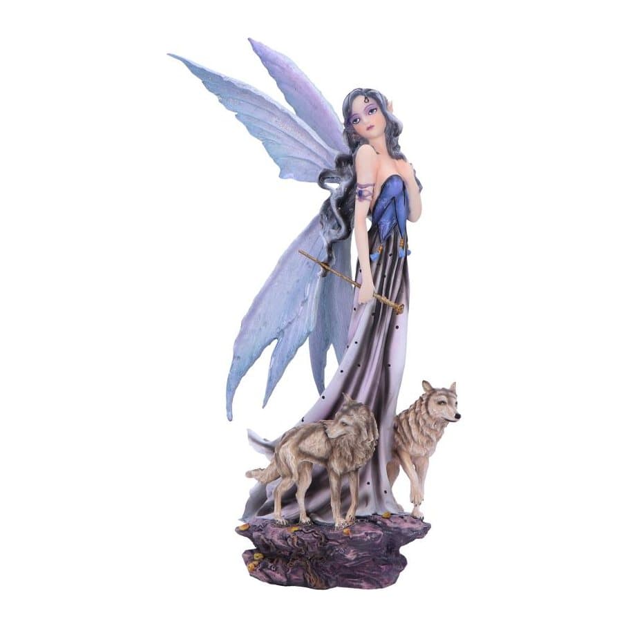 Small resin fairy figurine with two wolves at her feet and a symbolic staff
