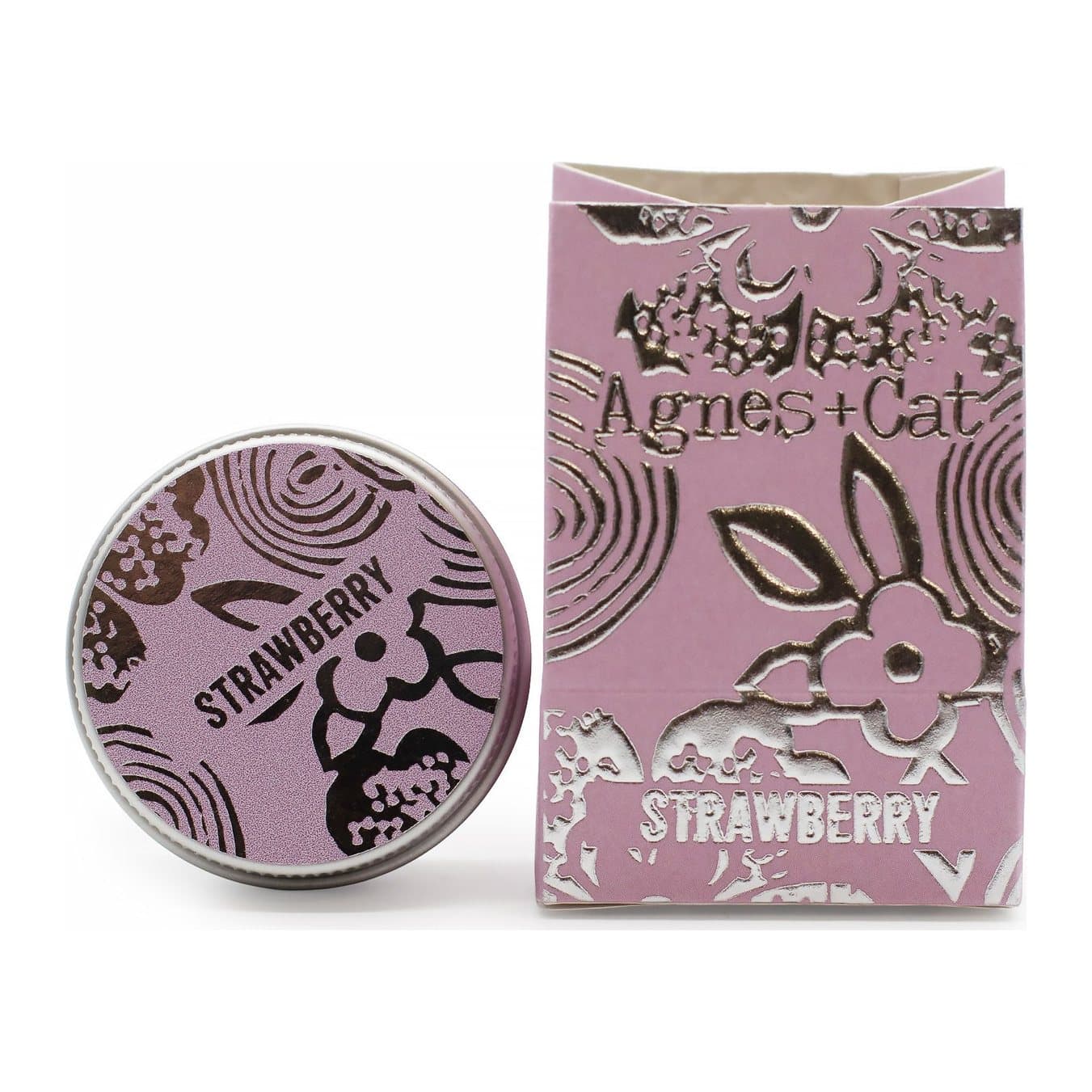 Strawberry lip balm in a small aluminium tin with illustrated design