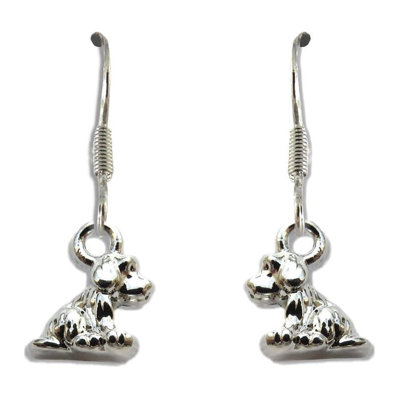 Silver plated little dog drop earrings with dog charms and drop hooks