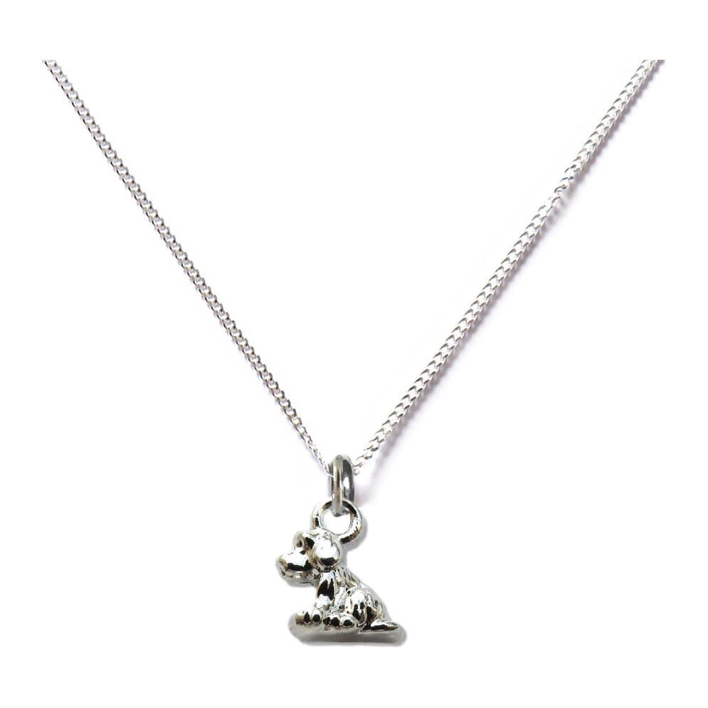Silver necklace with a small dog charm on a silver chain