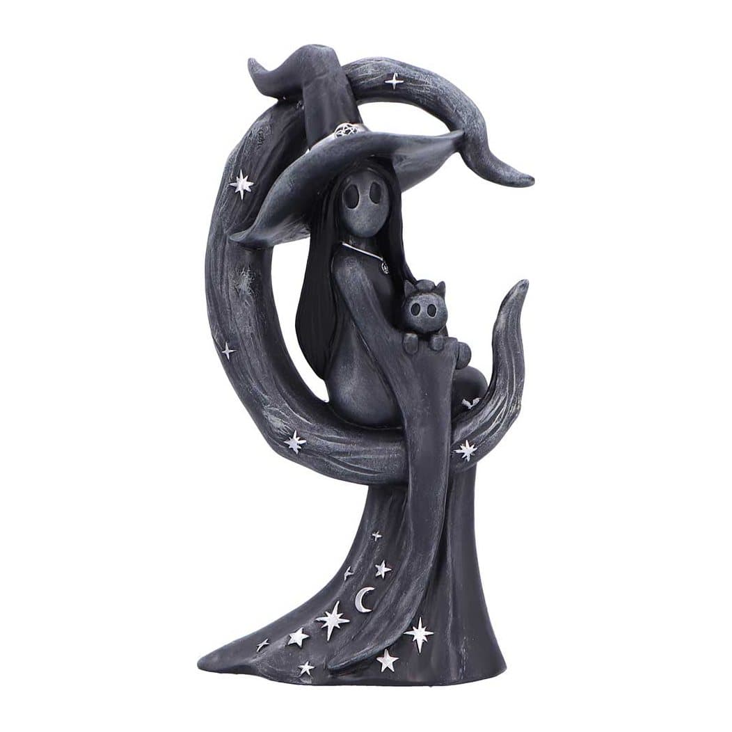 Little Souls Glow figurine: a seated soul and cat in a crooked crescent moon