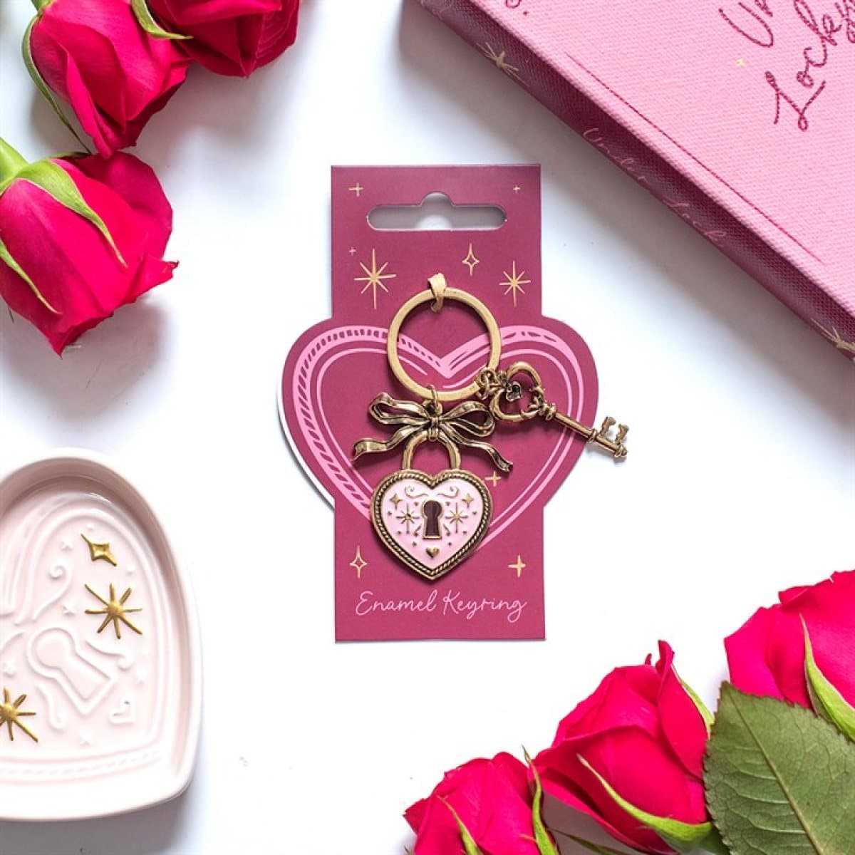 Lock and key enamel keyring with coordinating heart and key details