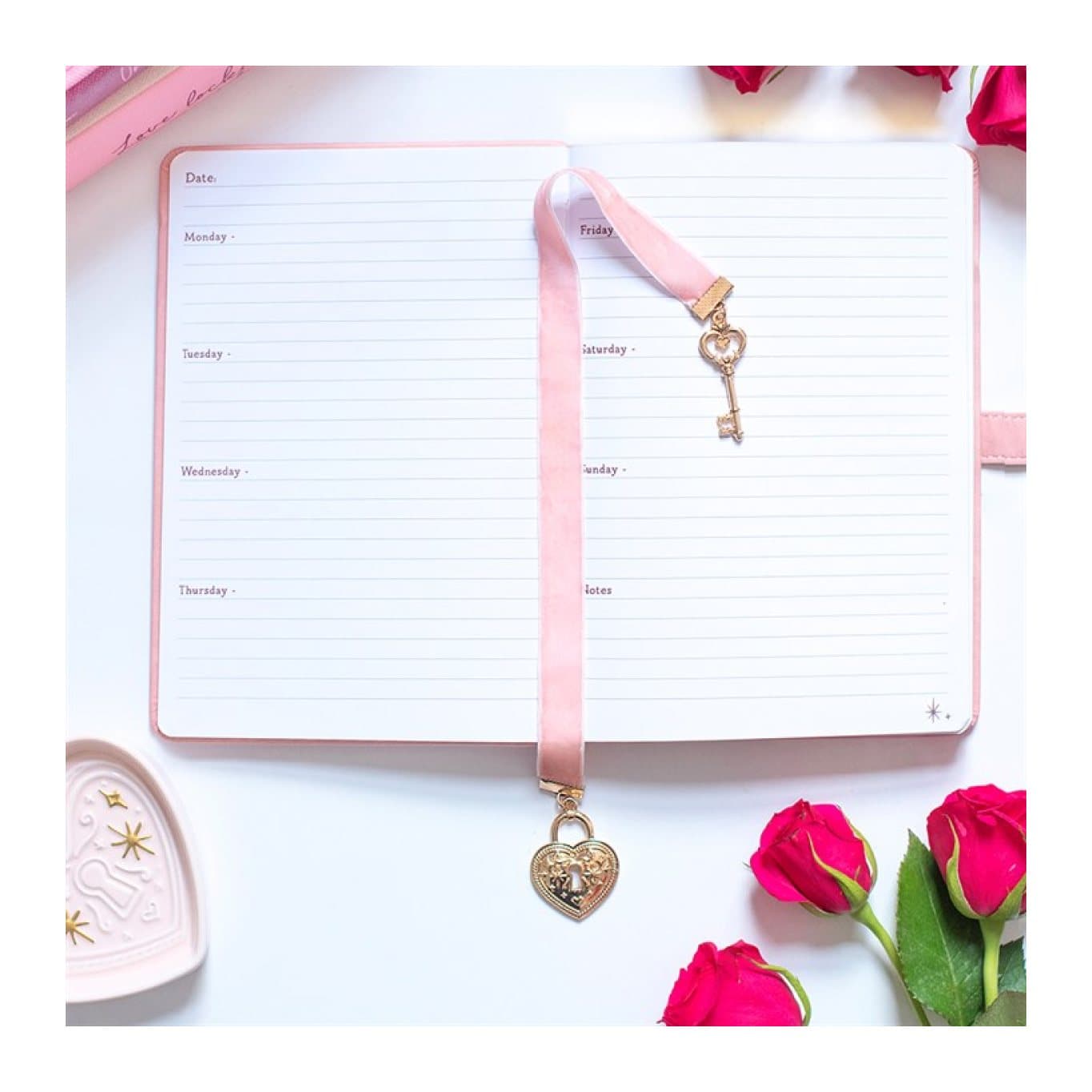 Lock and key ribbon bookmark with velvet ribbon and metal lock and key details