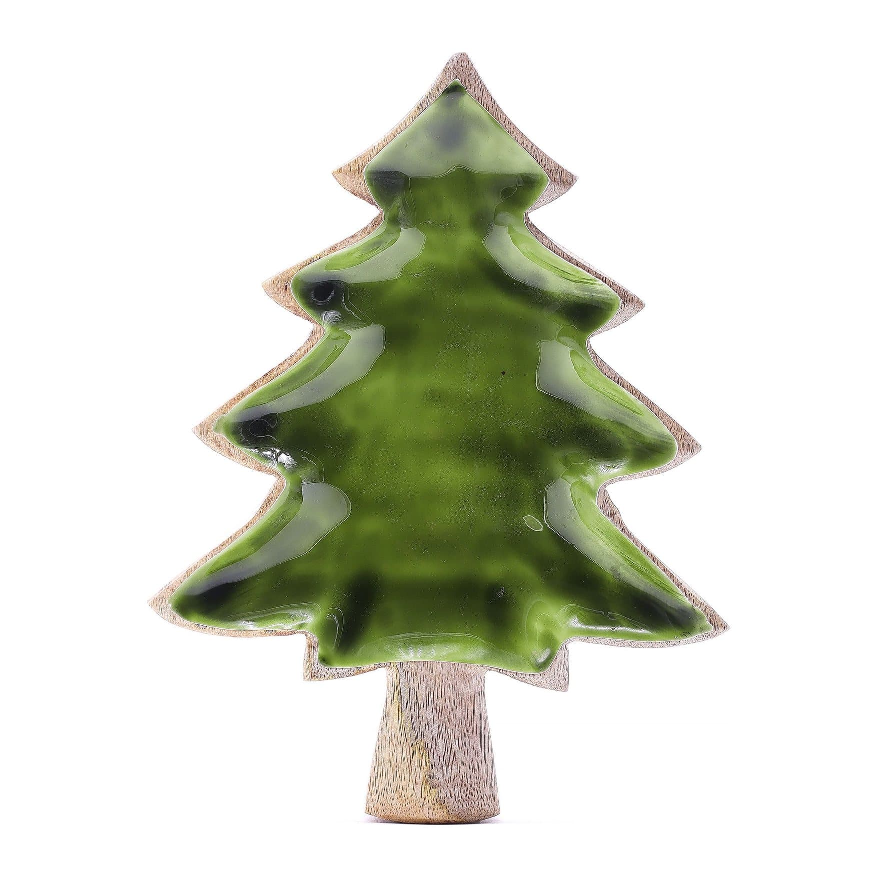 Tree-shaped mango wood bowl with green enamel