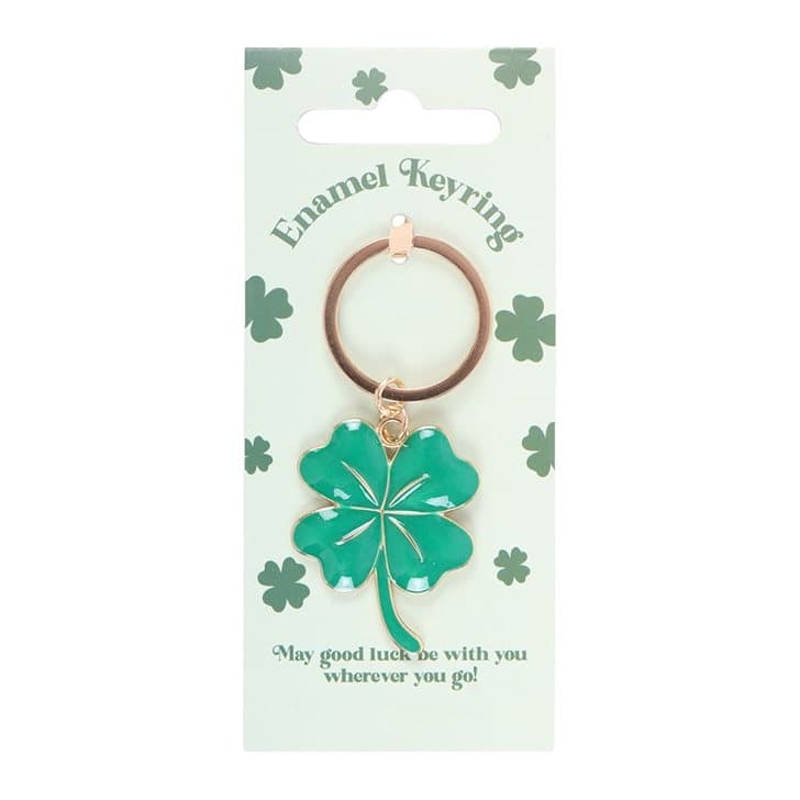 Glossy green enamel four-leaf clover keyring on a good luck backing card