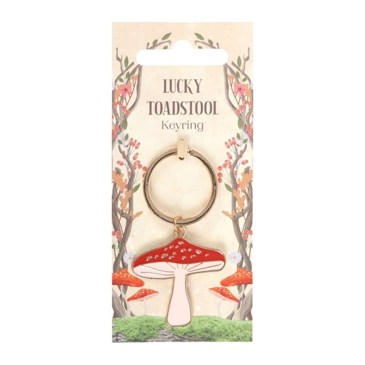 Lucky Toadstool alloy keyring on a forest-themed backing card