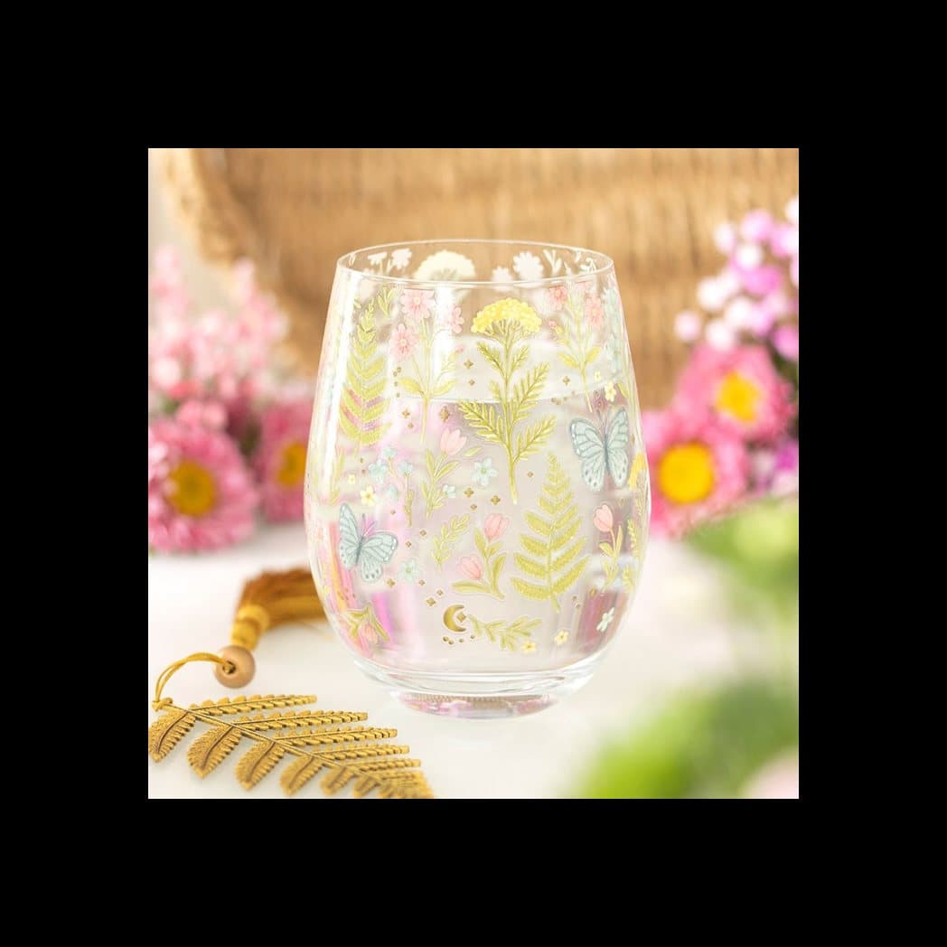 Stemless glass printed with soft flowers and a butterfly